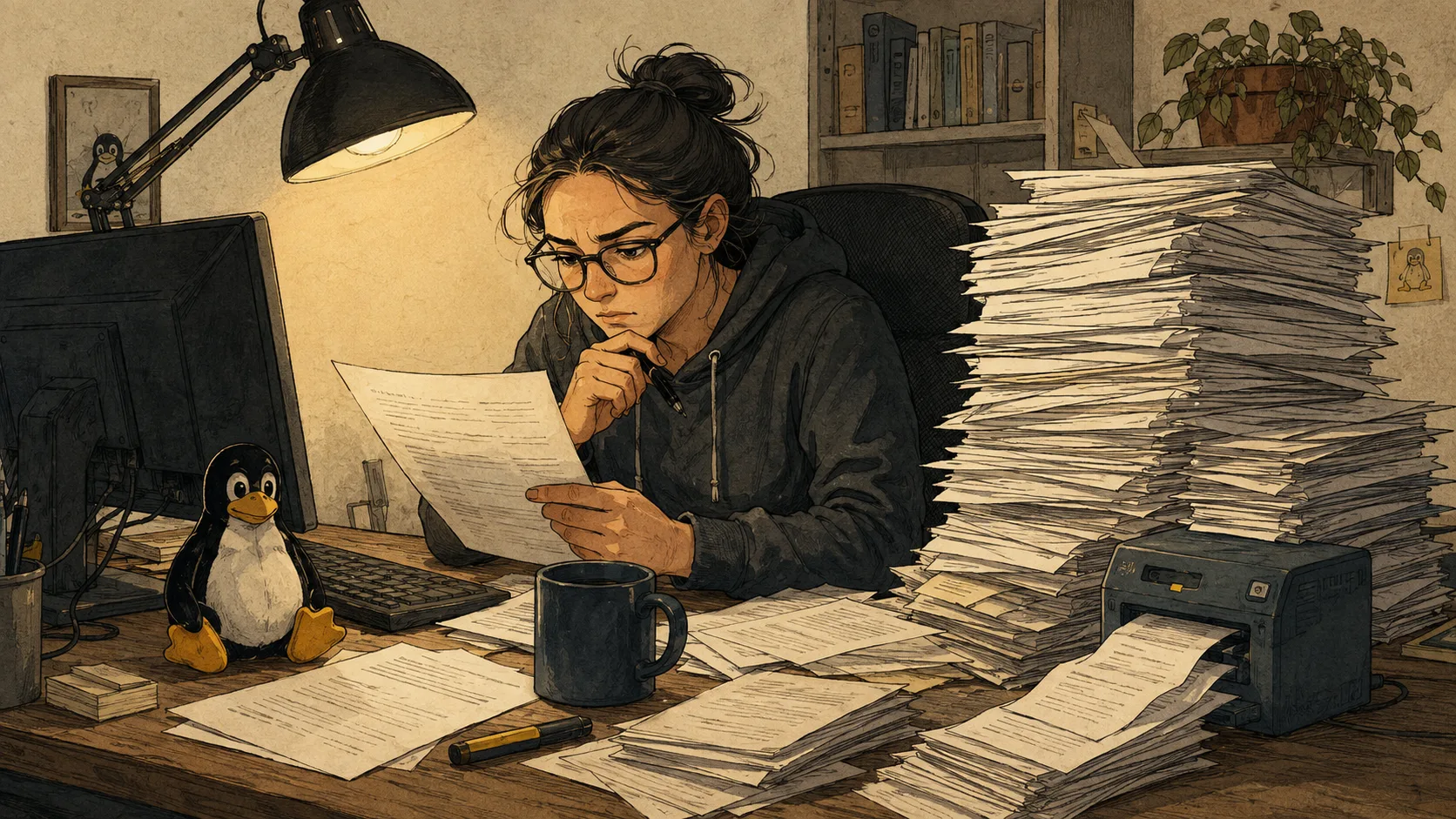 El trabajo humano detrás de los informes automáticos Una persona revisa informes junto a una enorme pila de trabajo pendiente y una figura de Tux