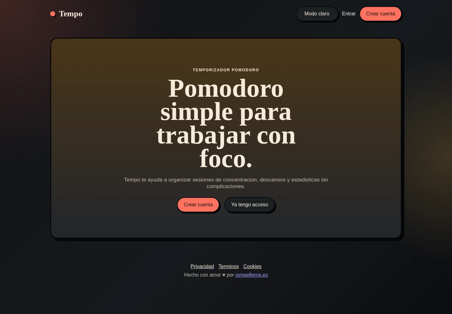Tempo, temporizador Pomodoro Portada de Tempo en modo oscuro
