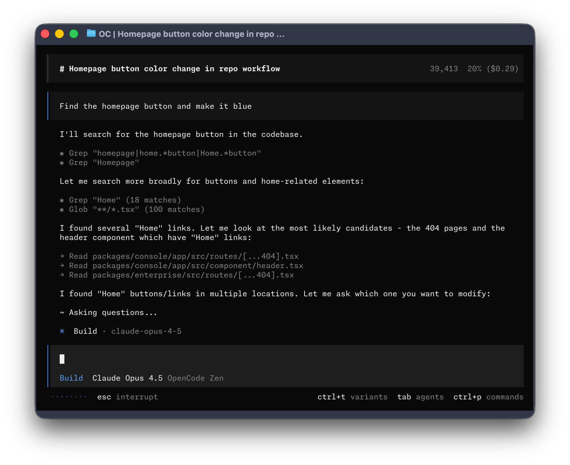 Captura oficial de la interfaz de OpenCode trabajando en un proyecto desde el terminal
